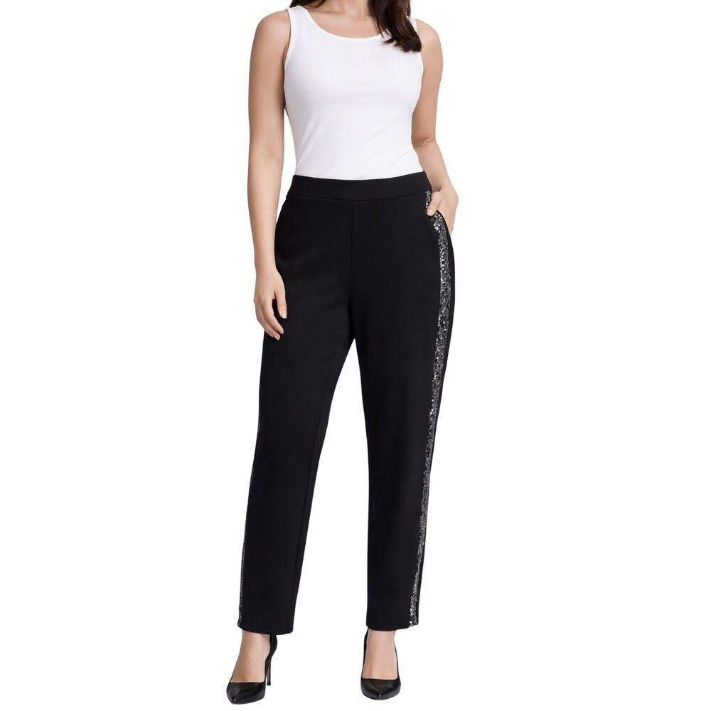 Joan Rivers Women’s Medium Petite Black Pants – Sequin Side Trim – Comfort Fit